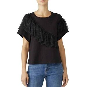 Cinq à Sept Mia Black Cotton Lace Ruffle Short Sleeve Tee Shirt Top Size…